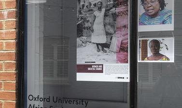 Window display featuring posters