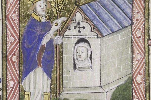 14th century image of enclosing of an anchorite - a face at the window of a small building, with a figure in religious attire standing outside