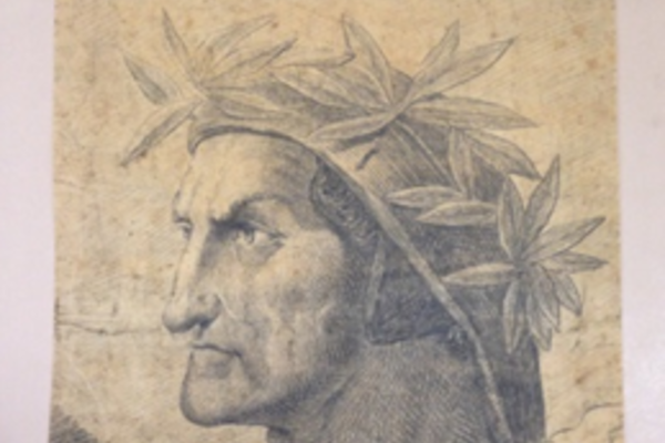 Drawing of Dante with plant headress. 