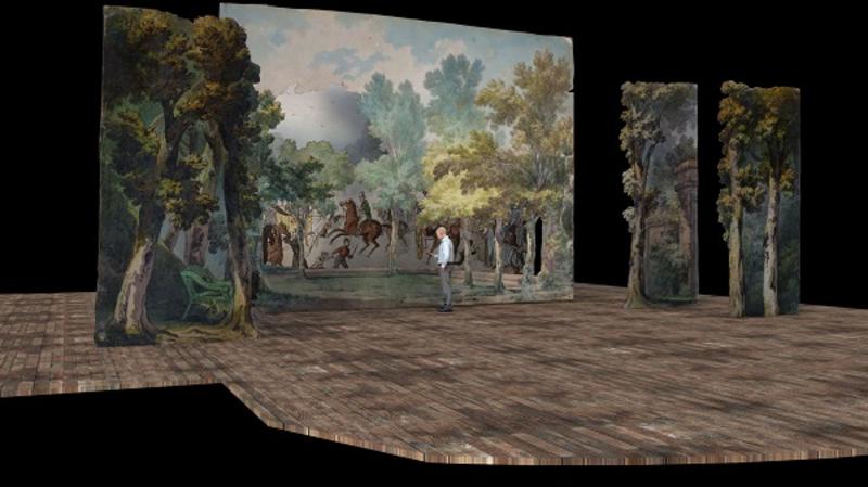 Image depicts 18th century stage paintings of Kensington Gardens in a virtual stage setting. There are a main background panel flanked by two narrower panels in a staggered order to create a 2D effect. | Image credit Arcade Ltd