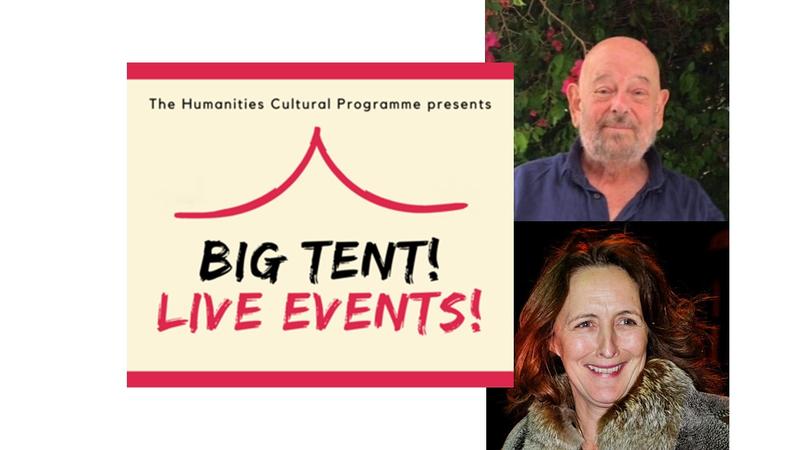Image of Oliver Taplin and Fiona Shaw with the cream and red logo of Big Tent! Live Events