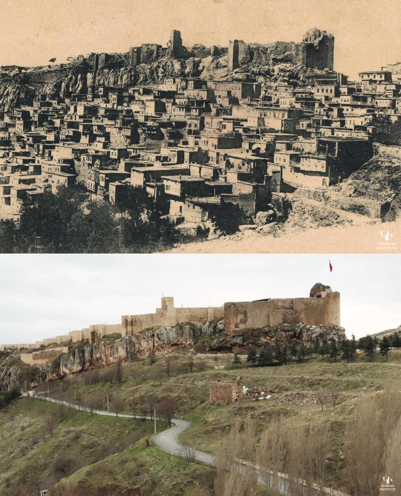 Two images of an Armenian Quarter in East Kharpert: the top image displays pre-1915 structures, and the bottom image the same area in 2023. Credit: Ara Sarafian.
