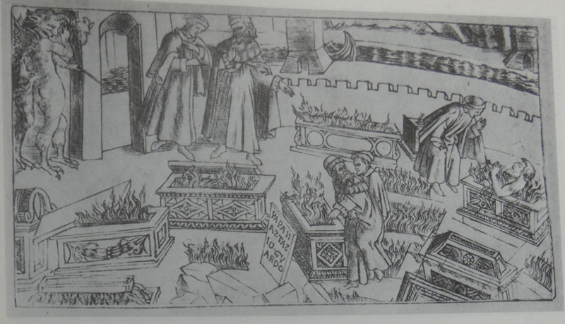 Drawig of virgil and dante in the city of dis - doorways on the floor burning