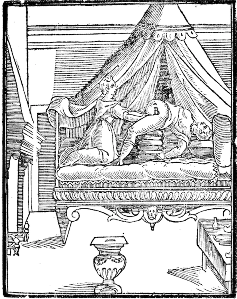 Line etching of woman giving birth on bed