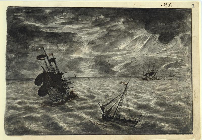 Black and white line drawing of ships in stormy seas from Jean Barbot’s Journal (1688), MPI 1/493, The National Archives