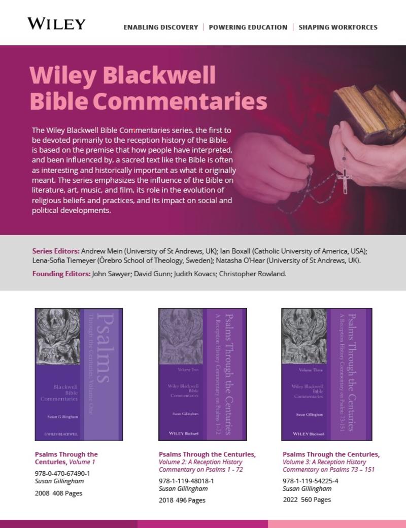 Wiley Blackwell Bible Commentaries poster, with an image showing a hand holding a rosary and two small, old Bibles.
