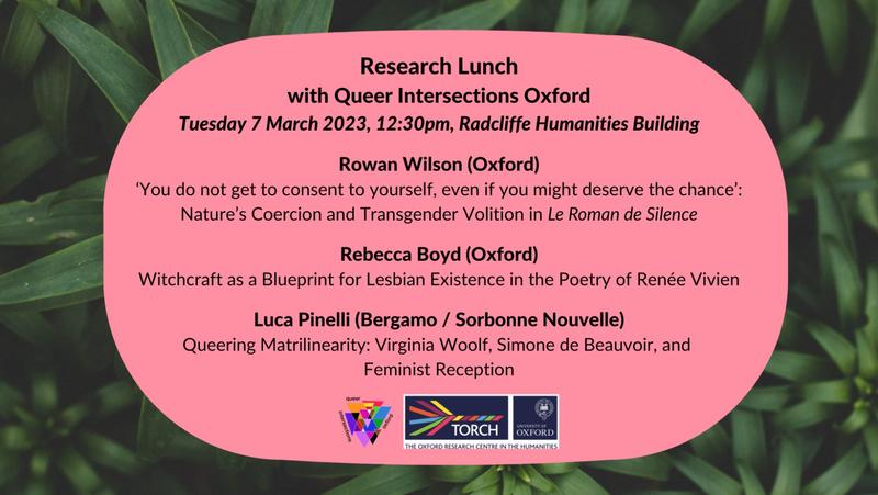 Queer Intersections Oxford poster, on a leafy green background