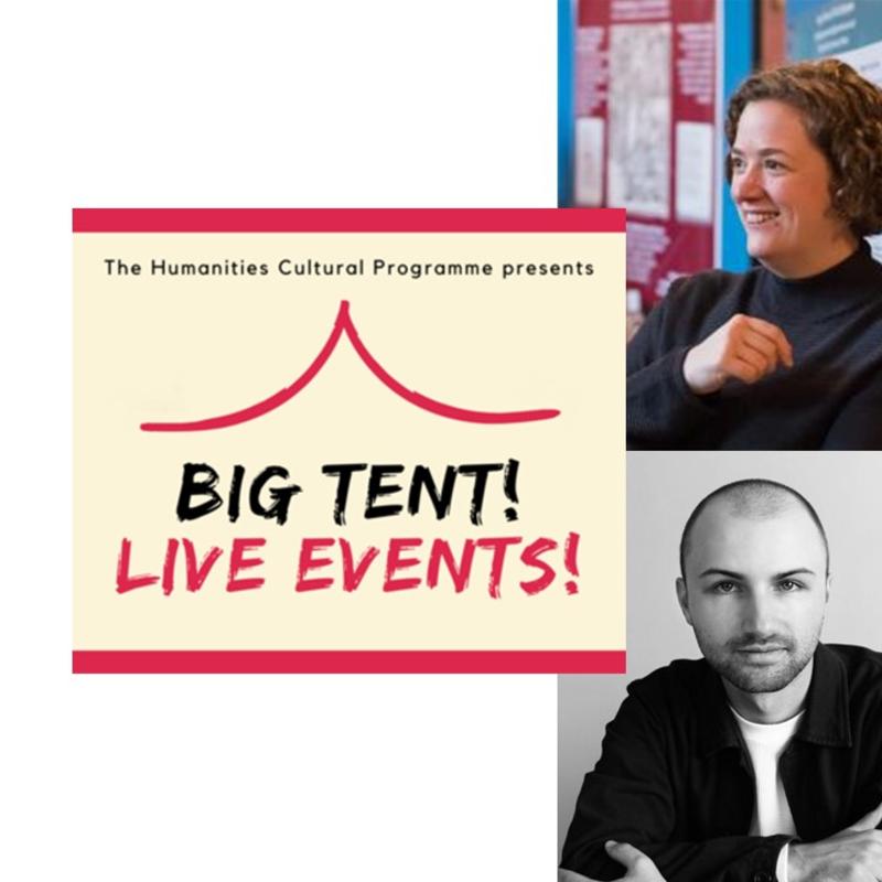 Alex Lloyd and Tom Herring next to the cream and red logo of Big Tent! Live Events!