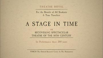 A Stage in Time poster, in the style of printed text on parchment