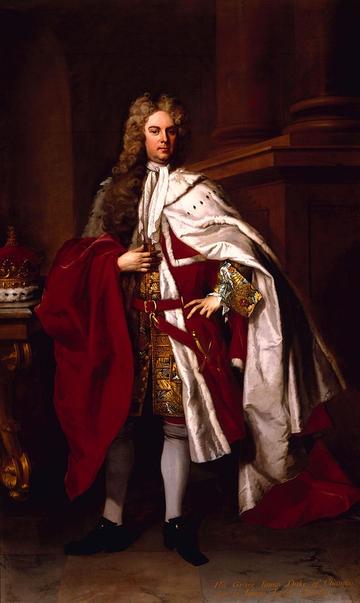Painting of the Duke of Chandos by Michael Dahl,1719. Depicting the Duke standing, wearing gold embroidered broad cuff attire under a red coat and train or cape, with white lining (possibly hermeline).