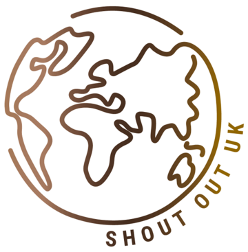 SHOUT OUT UK logo depicting a schematic drawing of the World's continents