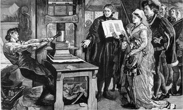 Engraving depicting William Caxton showing specimens of his printing to King Edward IV and his Queen.
