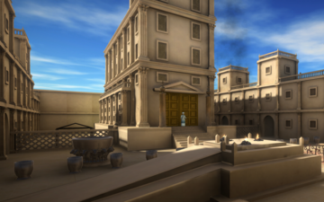 computer genrerated image of front of Roman building and forecourt in brown colours