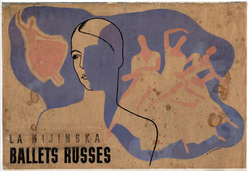 Stylised poster of a women in black outline looking left while faded orange dancers are to her right with blue accents