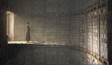 Woman with back to well lit doorway looking into dark room full of books on shelves