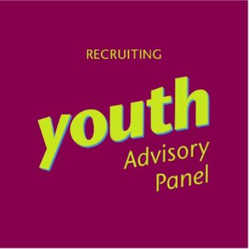 'Recruiting youth Advisory Panel' written in yellow letters against a pink background