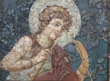 reconstructed fresco or angel against blue background