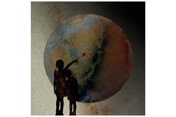 Silhouette of two children pointing Syria (highlighted in red) on a globe