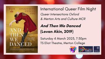 International Queer Film Night poster, with the cover of the film 'And then we danced' featuring a figure en pointe
