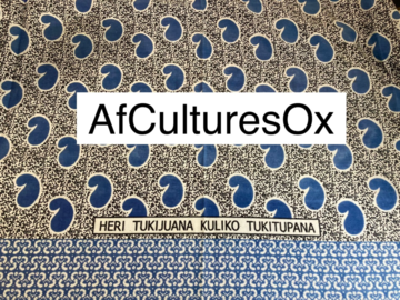 AfCulturesOx logo: black text in a white box over a traditional African pattern