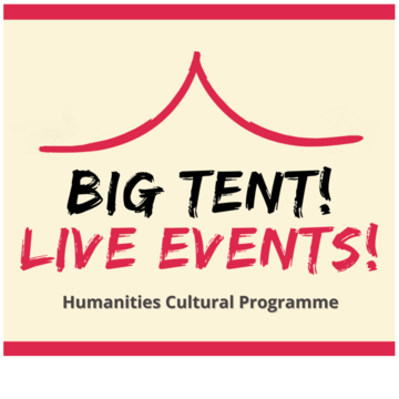 Logo of big tent, pale yellow background pink lines top and bottom