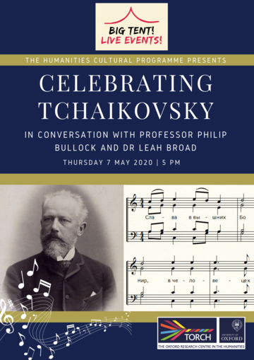 "Celebrating Tchaikovsky" on blue background 