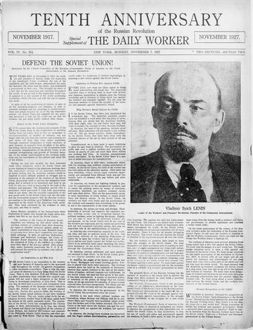 The front page of the 10th Anniversary of the Russian Revolution copy of The Daily Worker newspaper, with an image of Vladimir Lenin