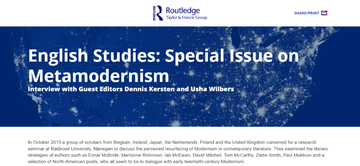 The cover of an essay, blue background with white writing 'English Studies Special Issue on Metamodernism'