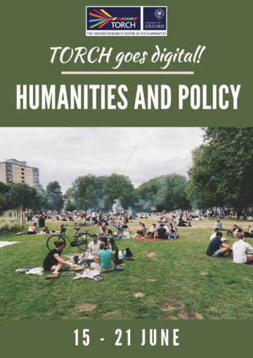Humanities and Policy Poster, green background, people sitting on grass