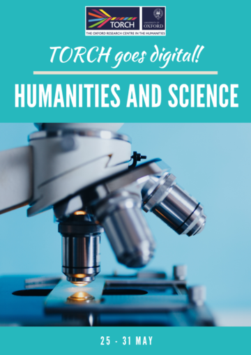 Humanities and Science Poster, blue background, close up photo of microscope