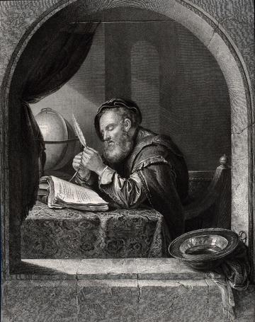A black and white drawing of a person sat at a desk with a feather quill and an open book, and there is a globe behind him
