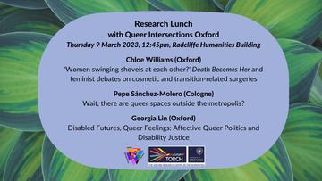 Queer Intersections Oxford poster, with a leafy green background