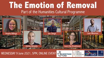 Publicity image for 'The Emotion of Removal' event. The background is the Pitt Rivers Museum and the faces of the speakers are in red boxes.