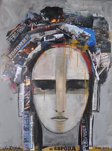 A painting of a woman's sombre face. Her hair is made up of collaged magazine clippings.