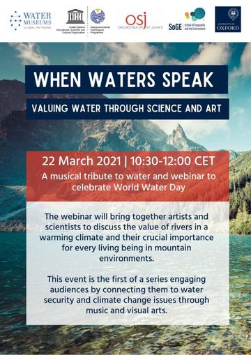Poster for When Water Speaks: Valuing Water Through Science and Art. Background is a photo of a lake in front of mountains.