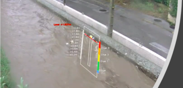 superimposed image of water level counter over image of flooded river