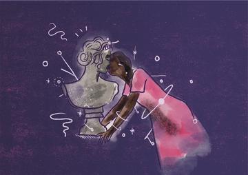 woman in pink dress kissing a marble statue of Andromeda against a deep purple background