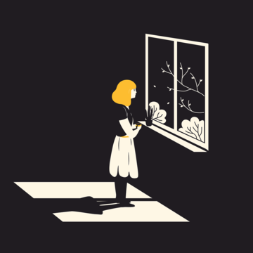 cartoon drawing of a black and white woman with yellow hair looking out a black and white window at trees