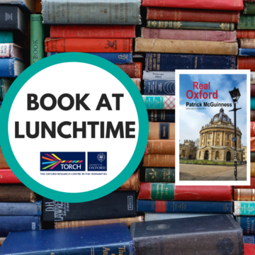 Background of colourful old book spines, overlaid with a white circle containing the words 'Book at Lunchtime' and to the right, the cover of Real Oxford.