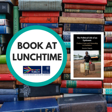Background of colourful old book spines, overlaid with a white circle containing the words 'Book at Lunchtime' and to the right, the cover of The Political Life of an Epidemic.