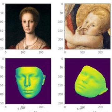 four images with measurements around them. The top two are paintings of a woman and a baby, the bottom two are computerised models of their faces. 