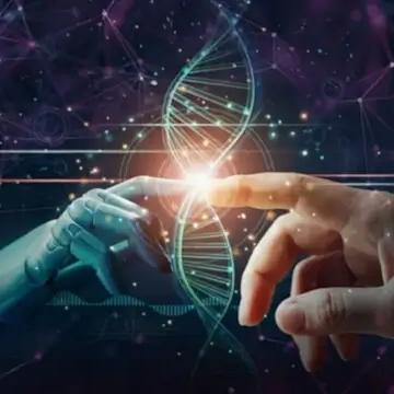 a robot and human hand touching with impression of DNA molecule in between