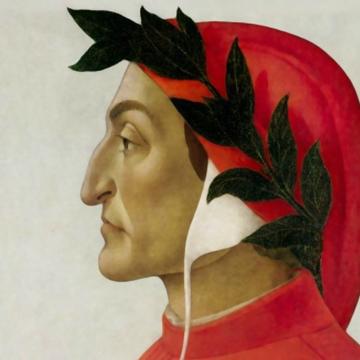 profile of man in red hood and robe with laurel wreath around head