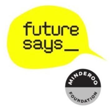 Yellow speech bubble with future says written in the middle, to the right is a small black and grey circular logo for the Minderoo Foundation