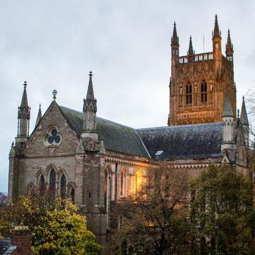 Worcester Cathedral at dusk.