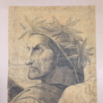 Drawing of Dante with plant headdress. 