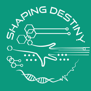 Image depicts the Shaping Destiny logo on green background and written in white colour Shaping Destiny in a circular fashion alongside and within the circle are scientific symbols for chemistry, DNA, pulse curve and a hand in the centre..