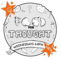Food for thought logo, in which the letters of "food" are made out of different foods.