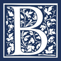 Blue and white logo with the letter B in the centre surrounded by illustrations of leaves and vines