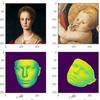 four images with measurements around them. The top two are paintings of a woman and a baby, the bottom two are computerised models of their faces. 